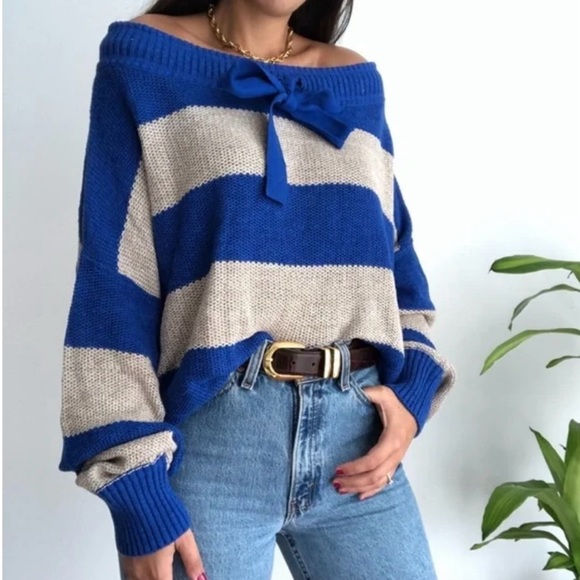 Free People Sweaters - Free People Sweater Size L Cassidy Off The Shoulder Striped Tie Neck Tunic Blue